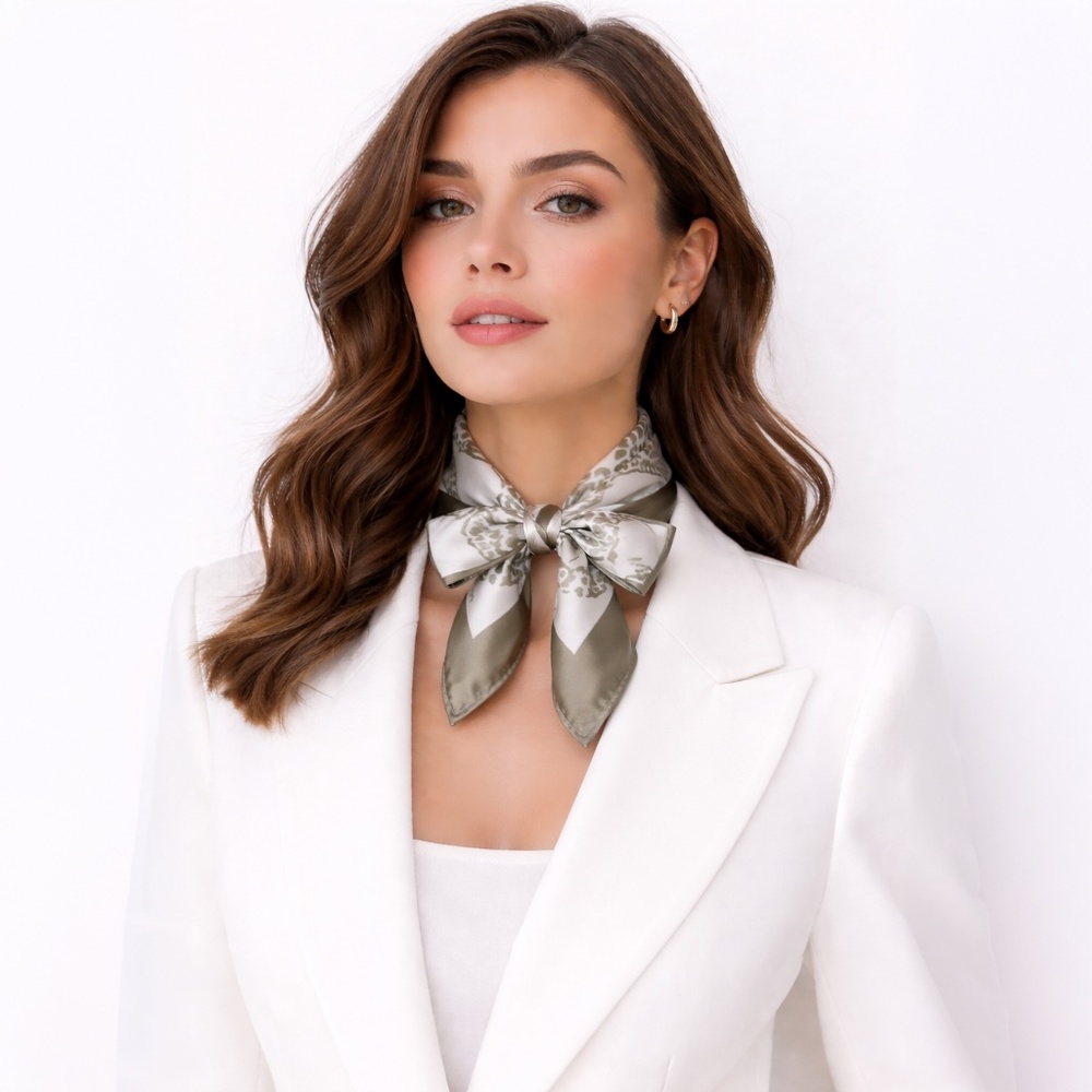 Leopard Print Square Delicate Scarf – Olive Green & White